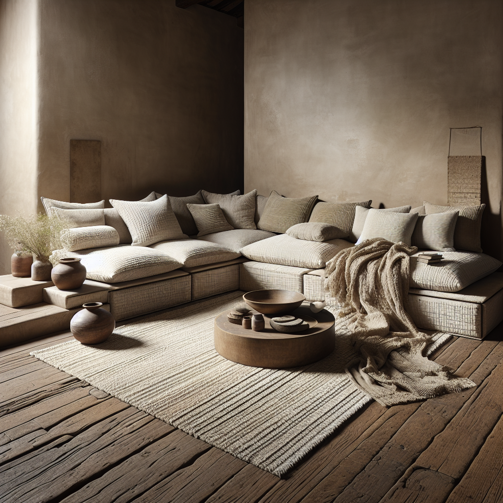 Een cosy zithoek met neutrale tinten en natuurlijke decoraties.