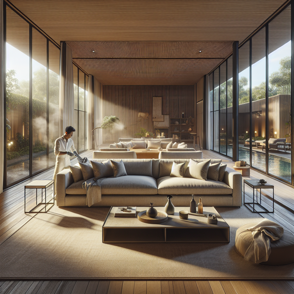 Sala moderna y luminosa con un sofá cómodo y vistas al exterior.