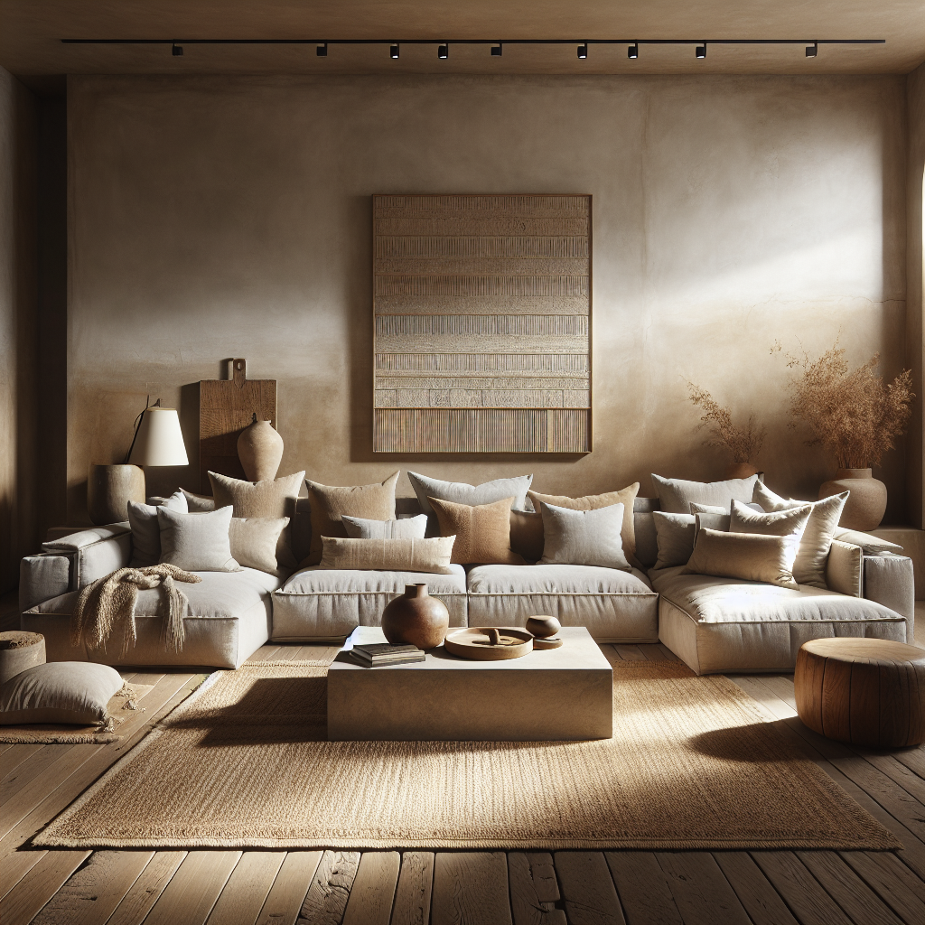 Un salon moderne et chaleureux avec un canapé confortable et des éléments décoratifs.