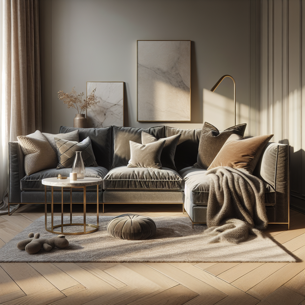 Stijlvolle woonkamer met een comfortabele bank, decoratieve kussens en een koffie-tafel.