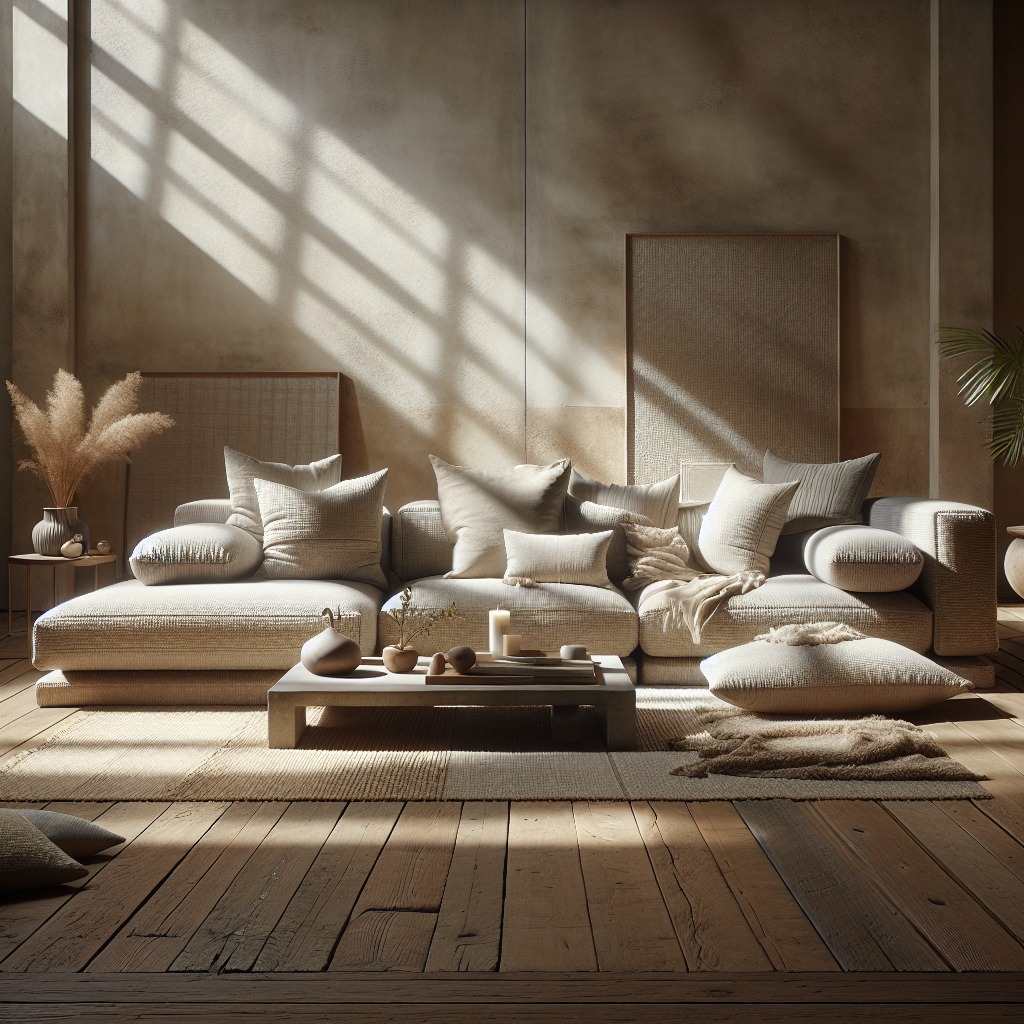 Een stijlvolle, lichte woonkamer met een luxe bank en decoratieve kussens.