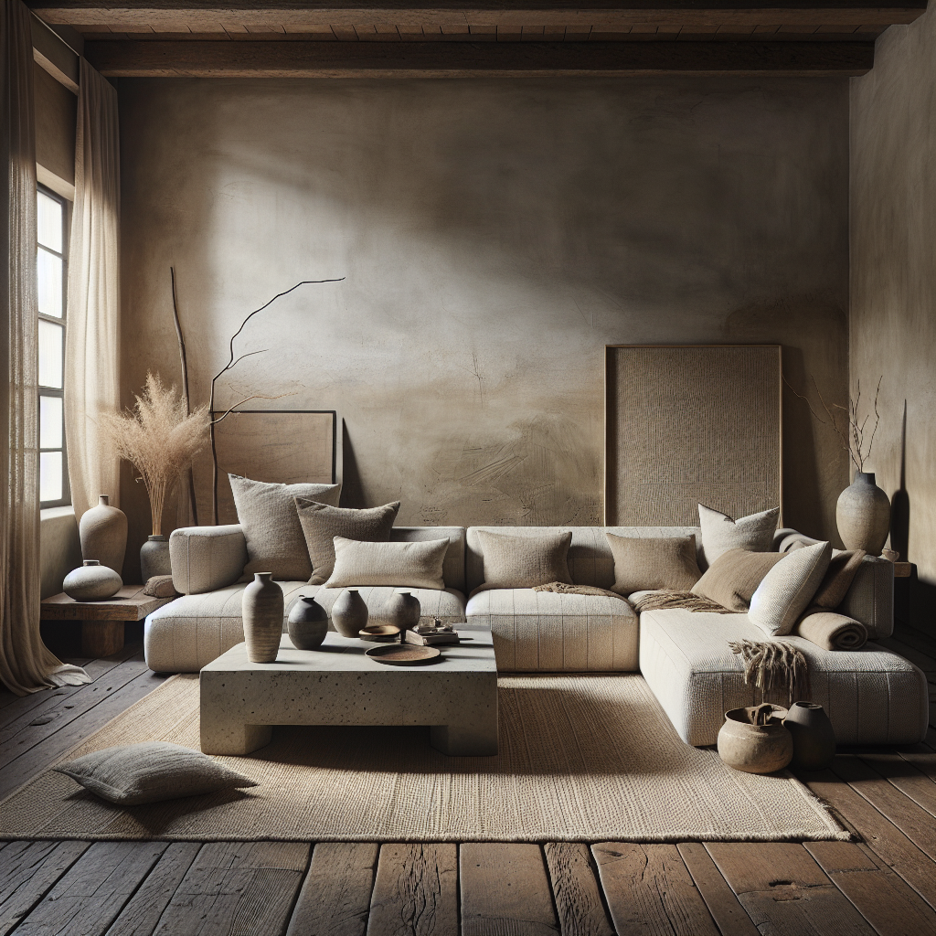 Cozy living room with neutral tones, textured pillows, and decorative pottery.