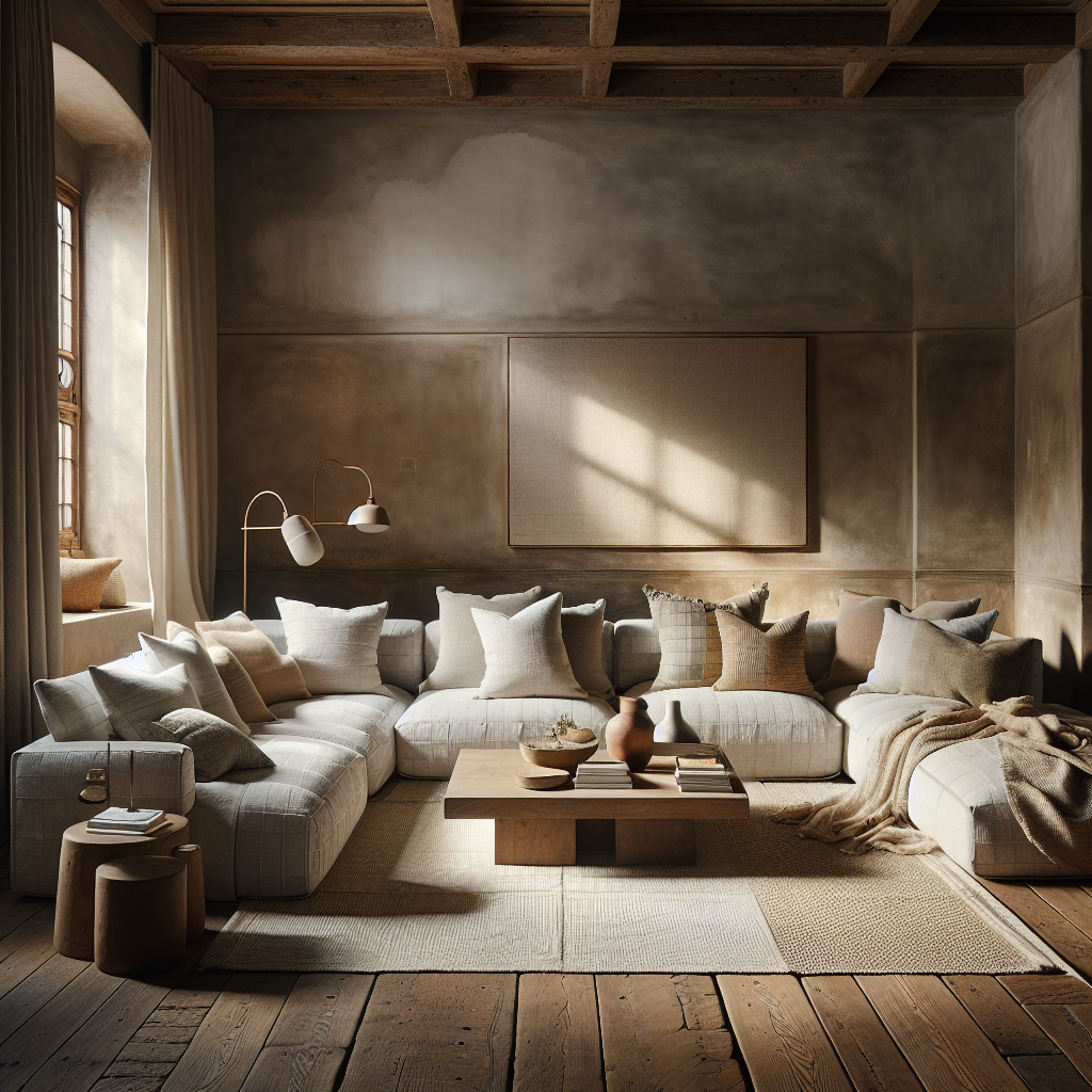 Een moderne woonkamer met een comfortabele bank en natuurlijke decoratie.