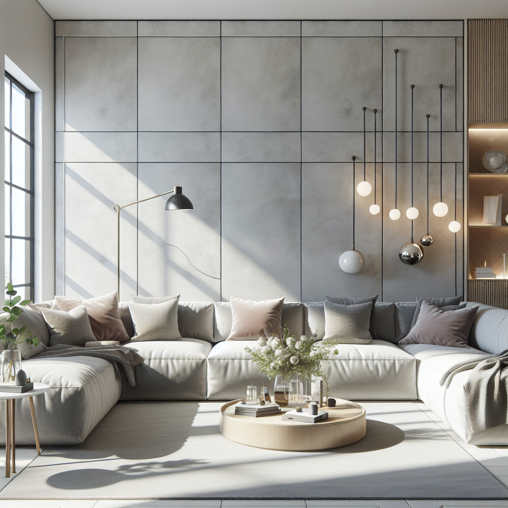 Moderne woonkamer met een comfortabele bank en stijlvolle verlichting.