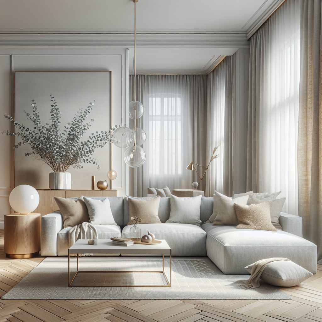 Lichte woonkamer met een comfortabele bank, kussens en een prachtig decoratief arrangement.
