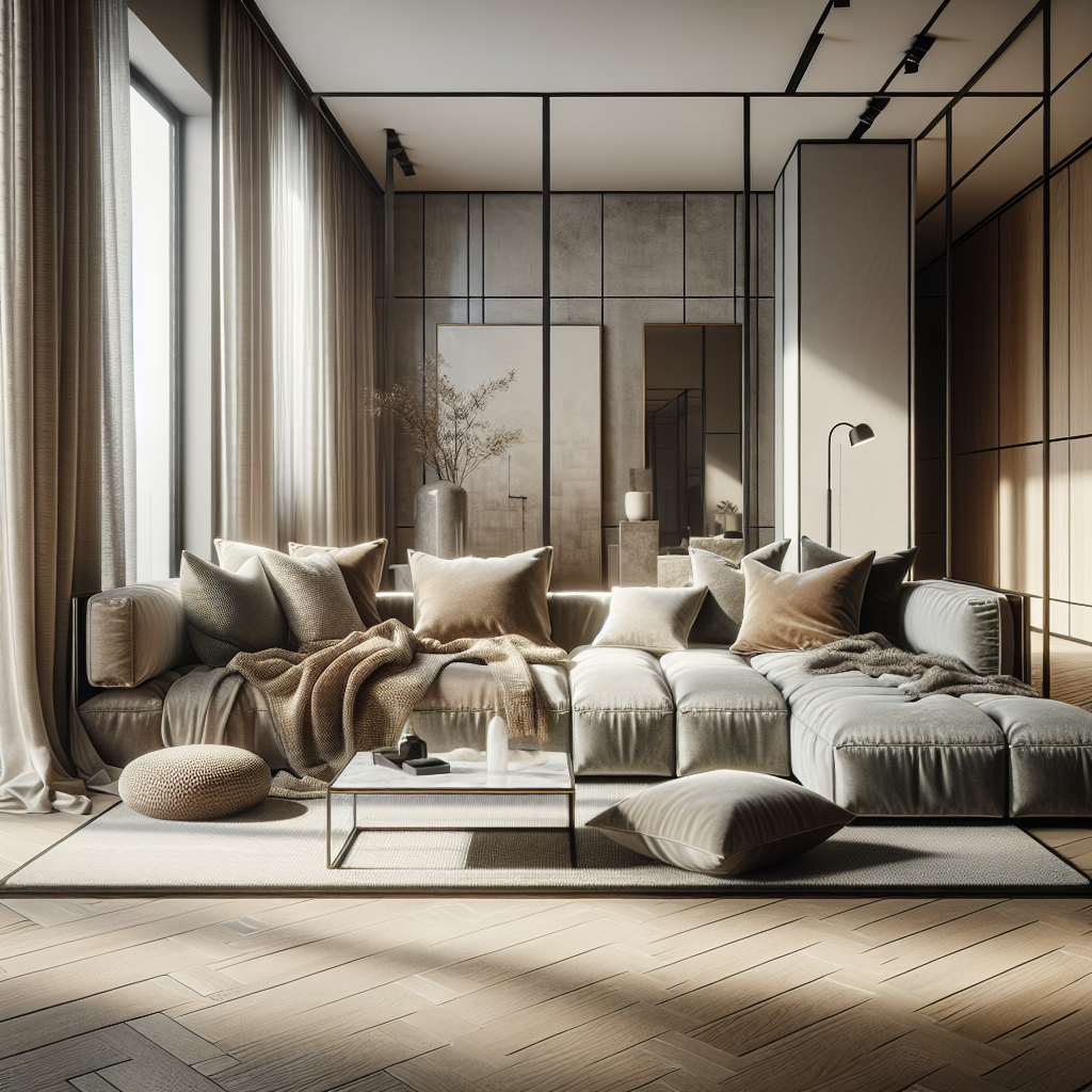 Luxe woonkamer met een comfortabele bank, zachte kussens en natuurlijk licht.
