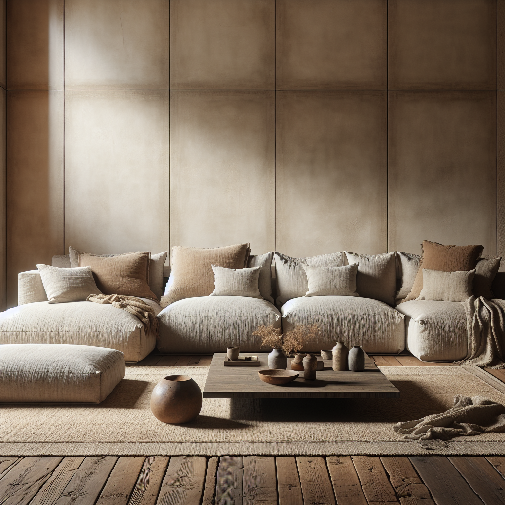 Een moderne woonkamer met een comfortabele bank en natuurlijke decoraties.