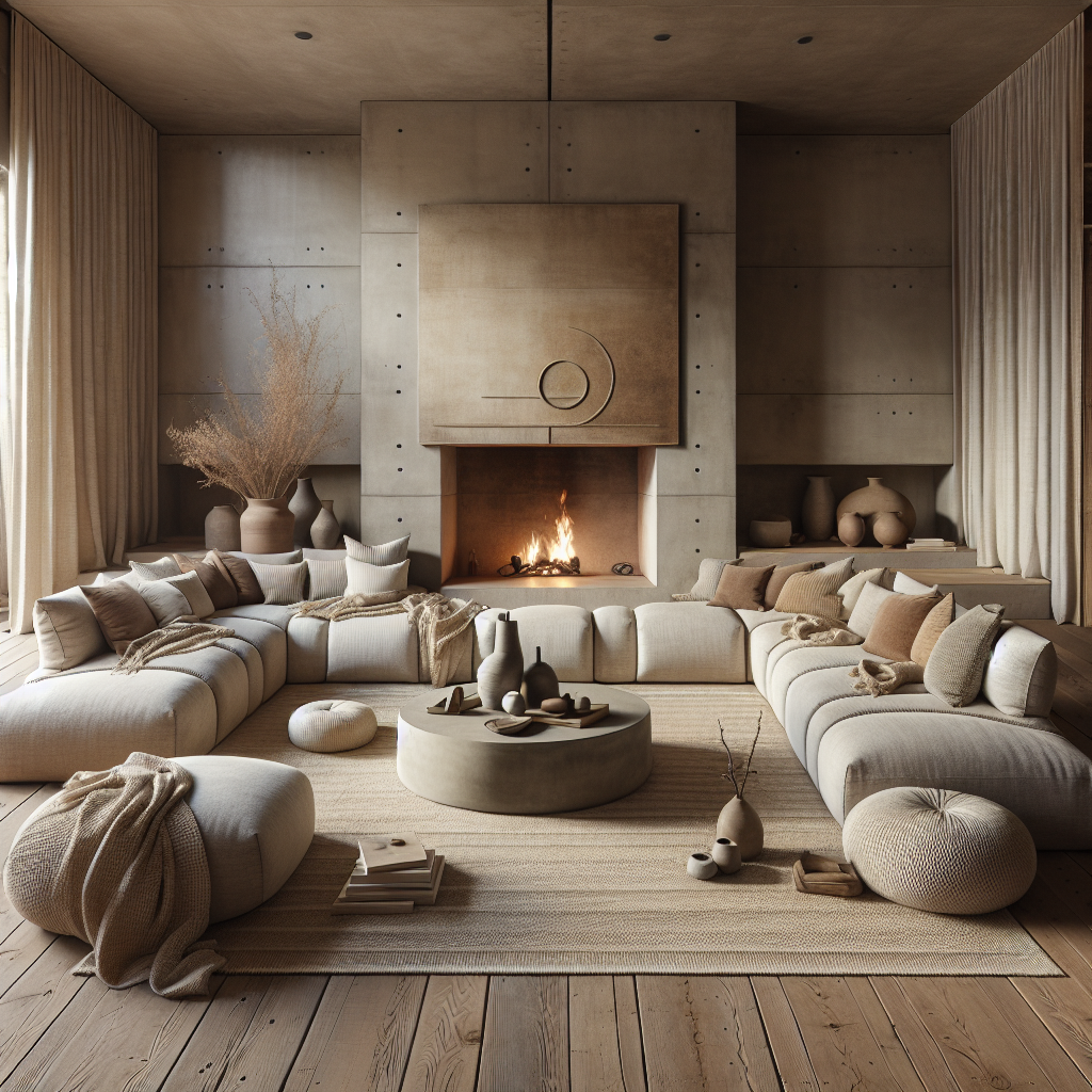 Een sfeervolle woonkamer met een open haard en neutrale kleuren.