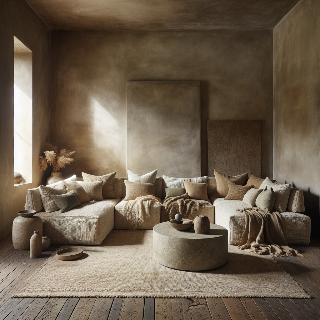 Gemütlicher Wohnraum mit neutralen Farben, Kissen und natürlichen Materialien.
