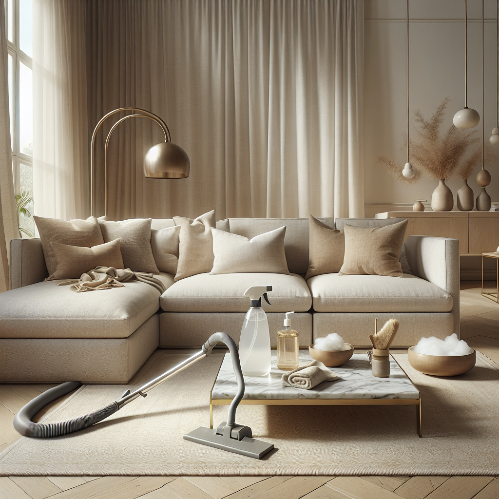 Lichte woonkamer met een comfortabele bank en schoonmaakbenodigdheden op een salontafel.