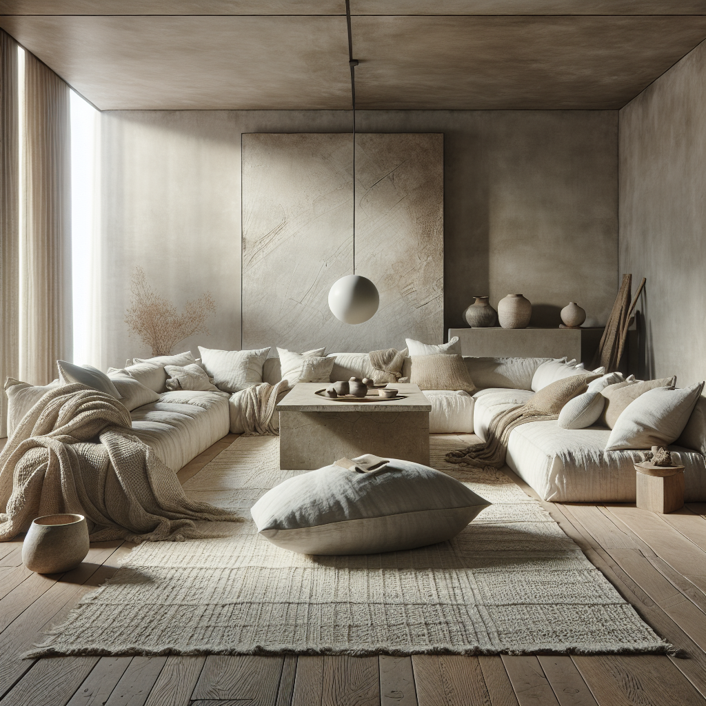 Een moderne woonkamer met neutrale kleuren en comfortabele meubels. Rustige sfeer.