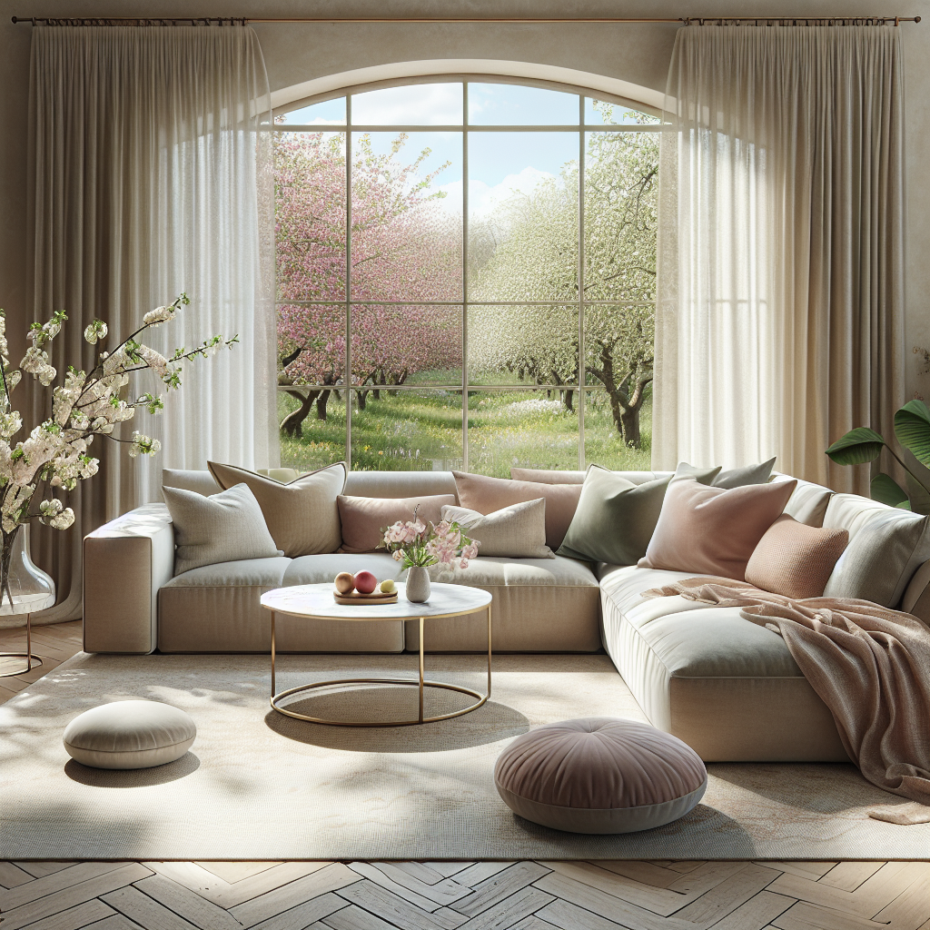 Een licht en sfeervol interieur met uitzicht op bloeiende fruitbomen.