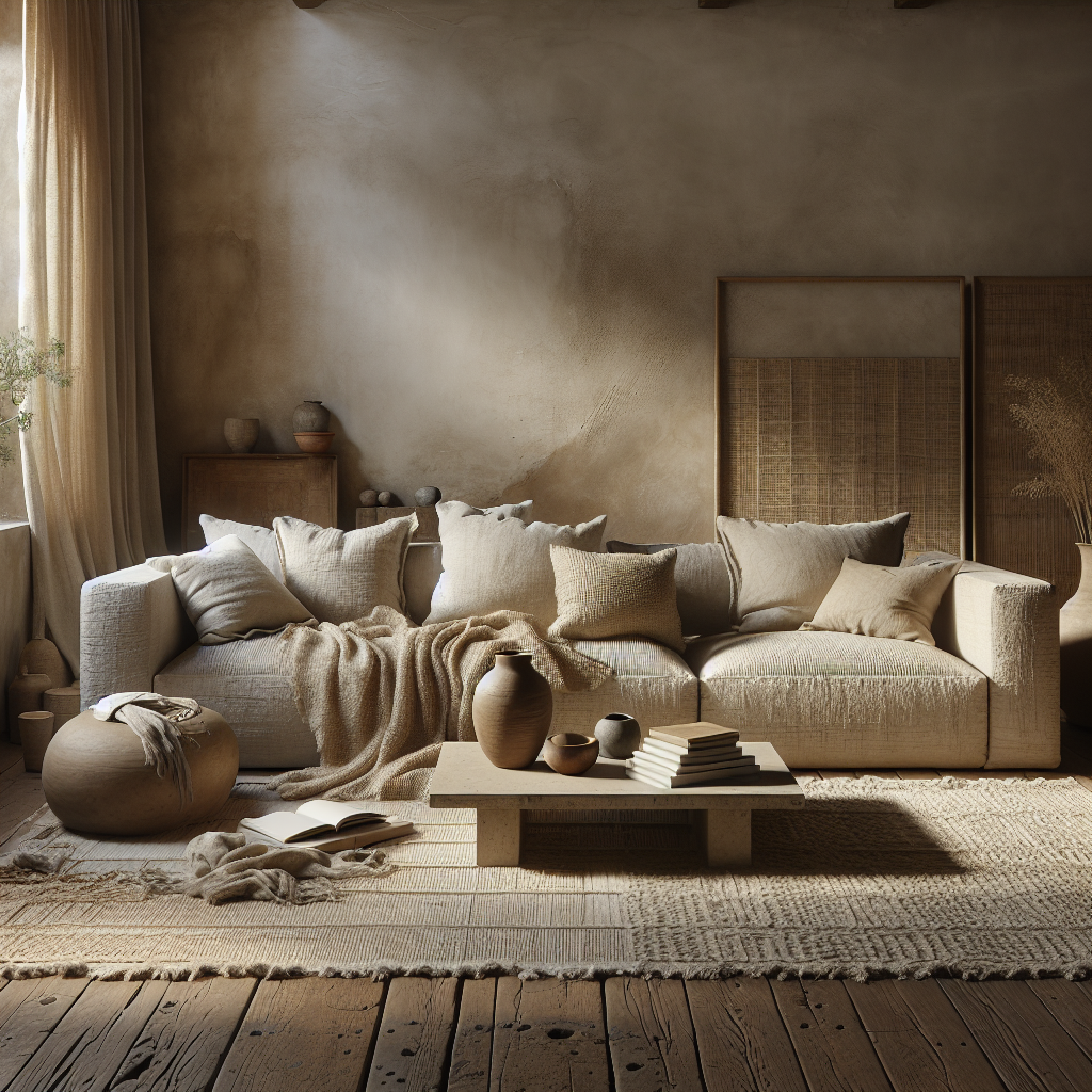 Gemütliches Wohnzimmer mit beigem Sofa, Kissen und dekorativen Keramiken.