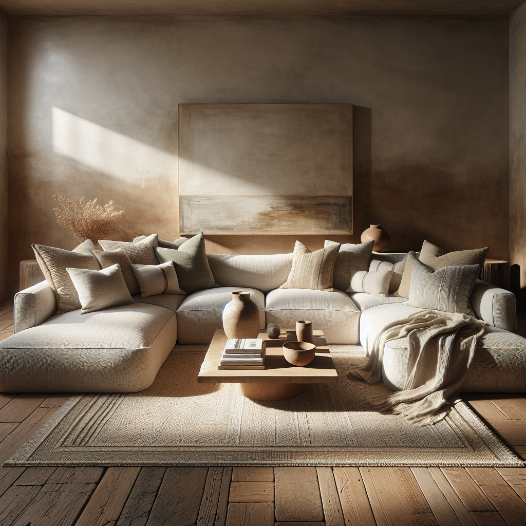 Moderne woonkamer met comfortabele bank, houten tafel en warme kleuren.