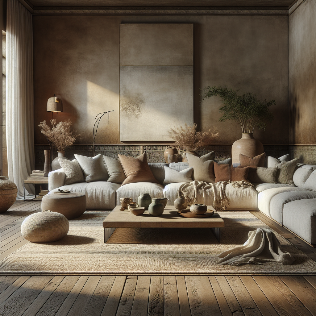 Een warme woonkamer met neutrale kleuren en diverse decoratieve elementen.