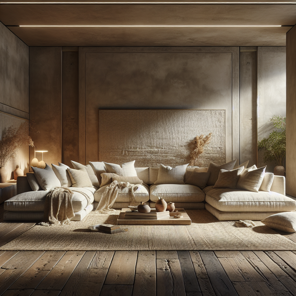 Heller, moderner Wohnraum mit bequemer Couch und gemütlicher Dekoration.