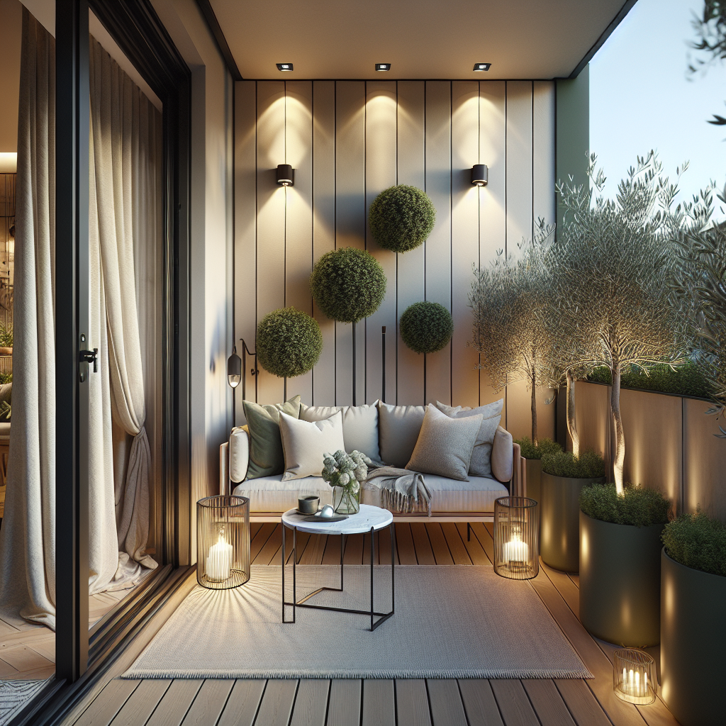 Een sfeervolle balkonruimte met een comfortabele bank en groene accessoires.