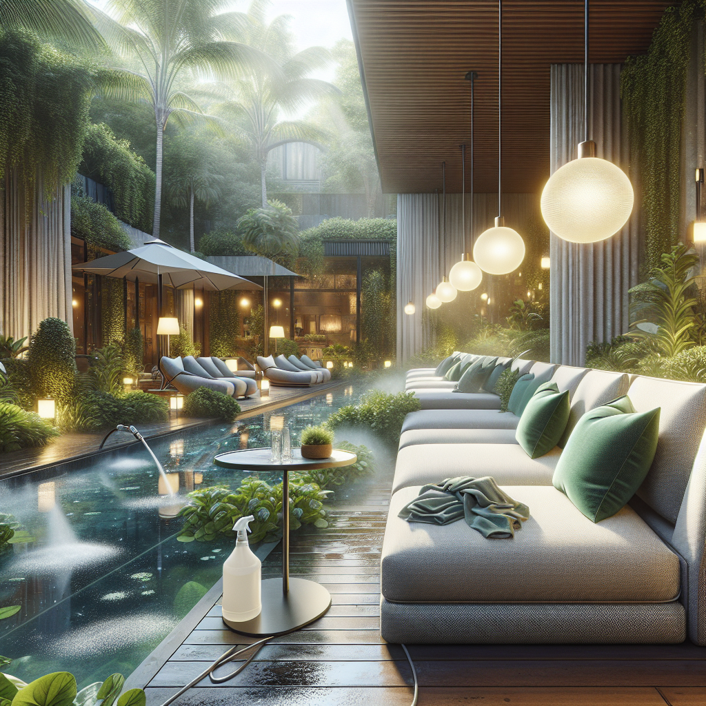 Een serene lounge met comfortabele zitplaatsen en een weelderige, groene omgeving.