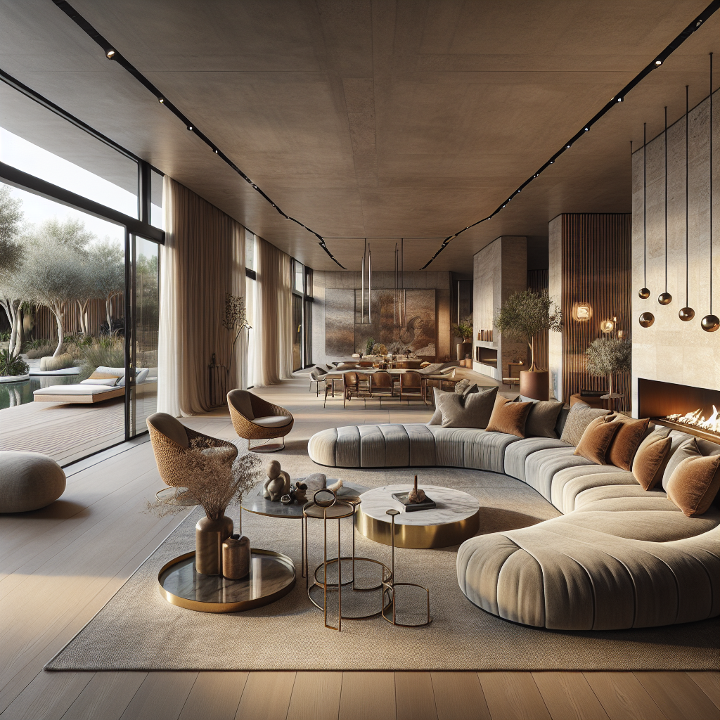 Modern woonkamer met stijlvolle meubels en veel natuurlijk licht. Rustige, warme sfeer.