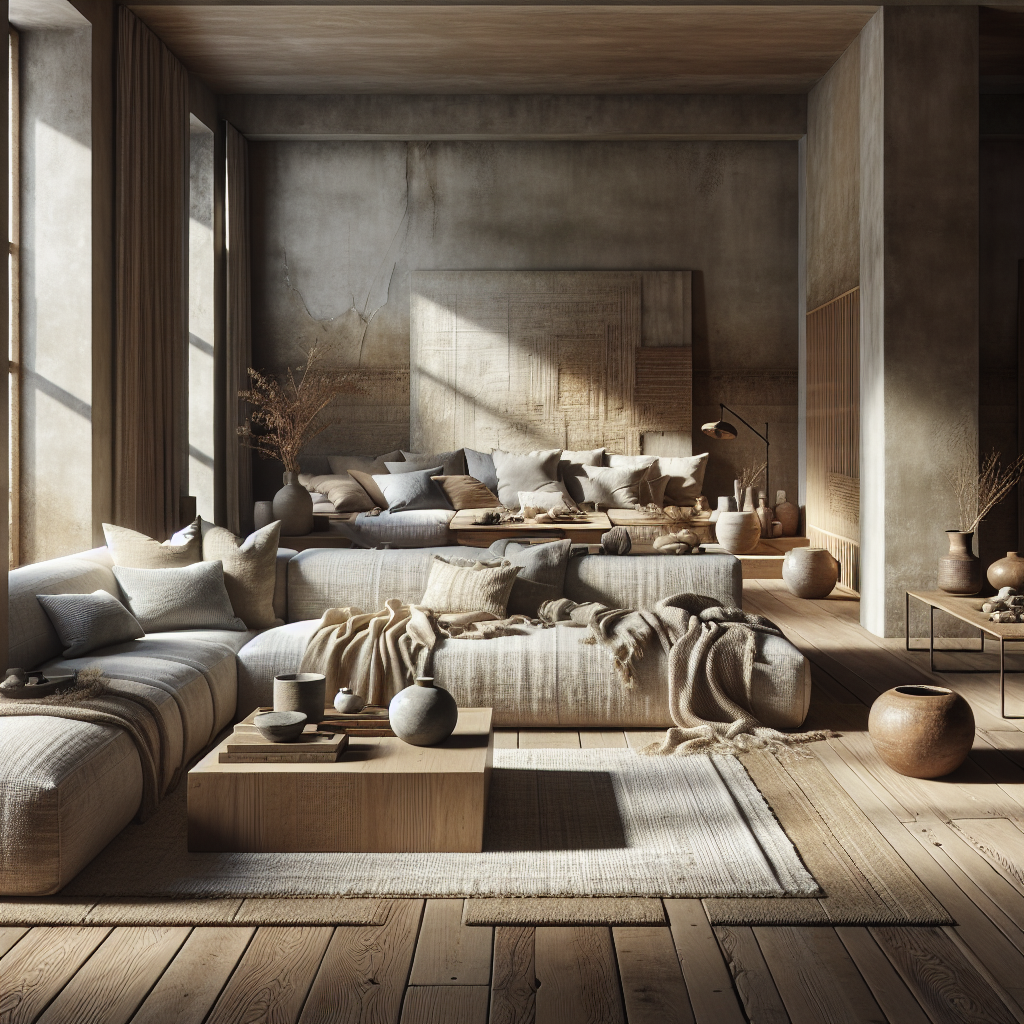 Een moderne woonkamer met neutrale kleuren en comfortabele meubels. Warme, uitnodigende sfeer.