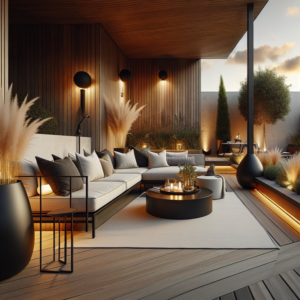 Een moderne buitenruimte met comfortabele meubels, sfeervolle verlichting en planten.