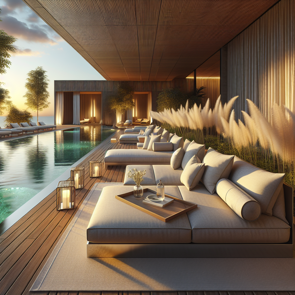 Luxueuze buitenruimte met ligstoelen en een zwembad in de zon.