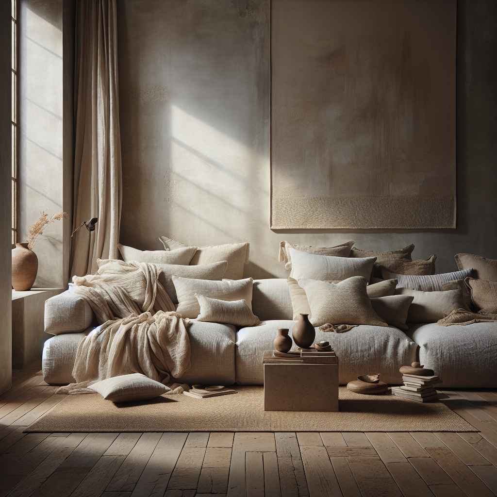 Cozy living room with neutral tones, soft cushions, and natural materials.