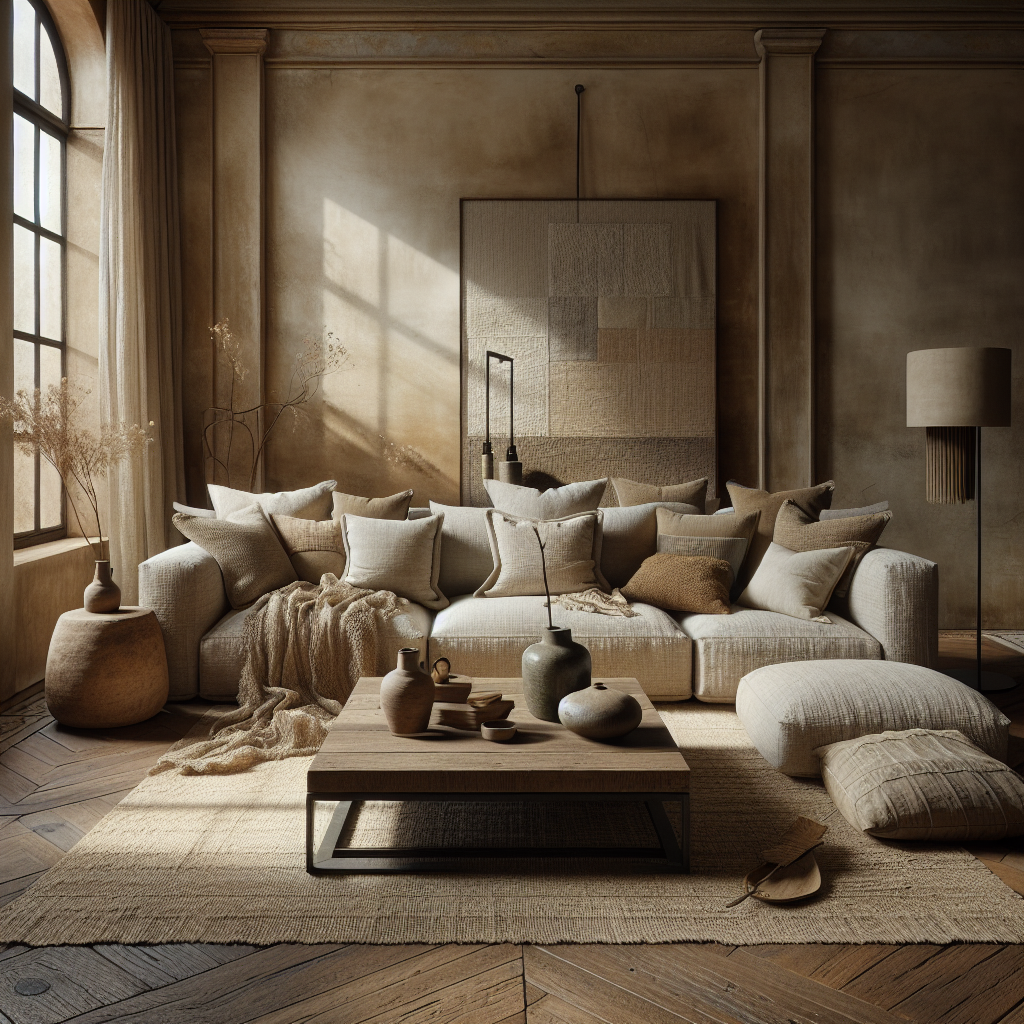 Een elegant interieur met een comfortabele bank, kussens en een houten salontafel.