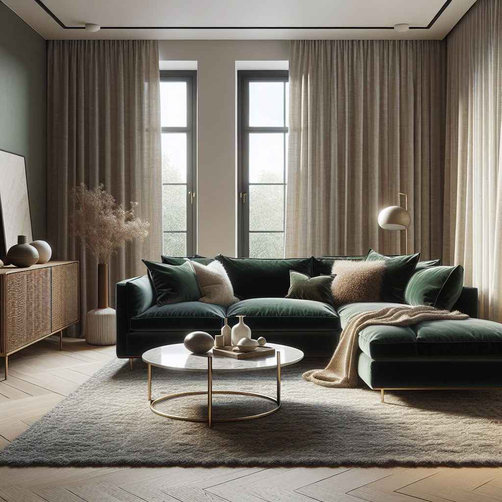 Moderne woonkamer met een groene bank, lichte gordijnen en een stijlvolle salontafel.