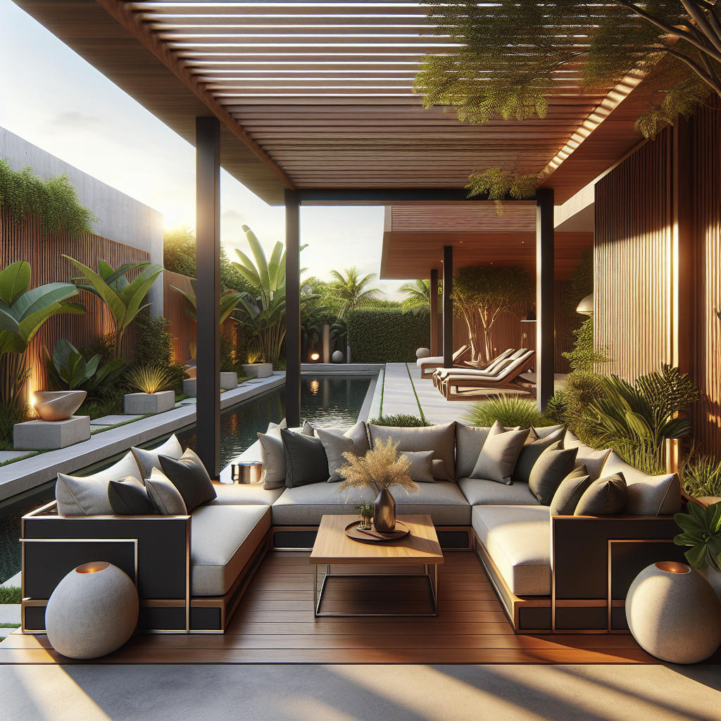 Moderne woonkamer met comfortabele zithoek en een zwembad op de achtergrond.