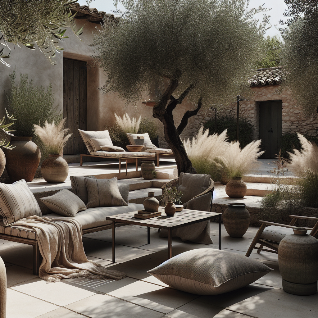 Serene outdoor lounge area with comfortable seating, plants, and natural decor elements.