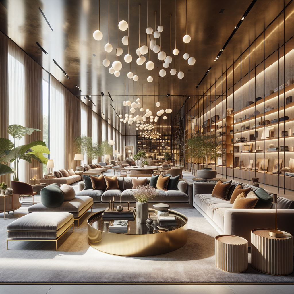 Moderne woonkamer met luxe meubels, sfeervolle verlichting en groene planten.