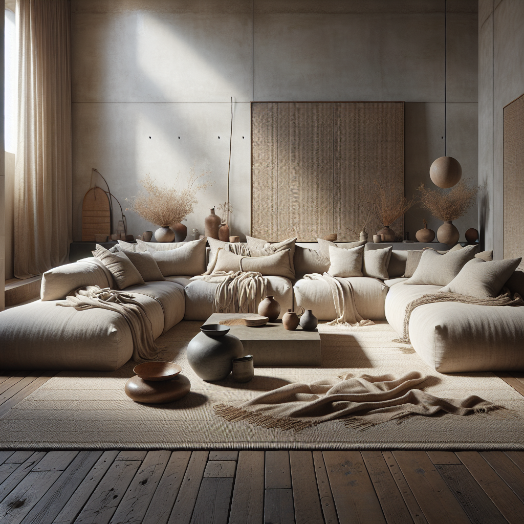 Heller, gemütlicher Wohnraum mit beigen Sofas und verschiedenen Töpfen und Textilien.