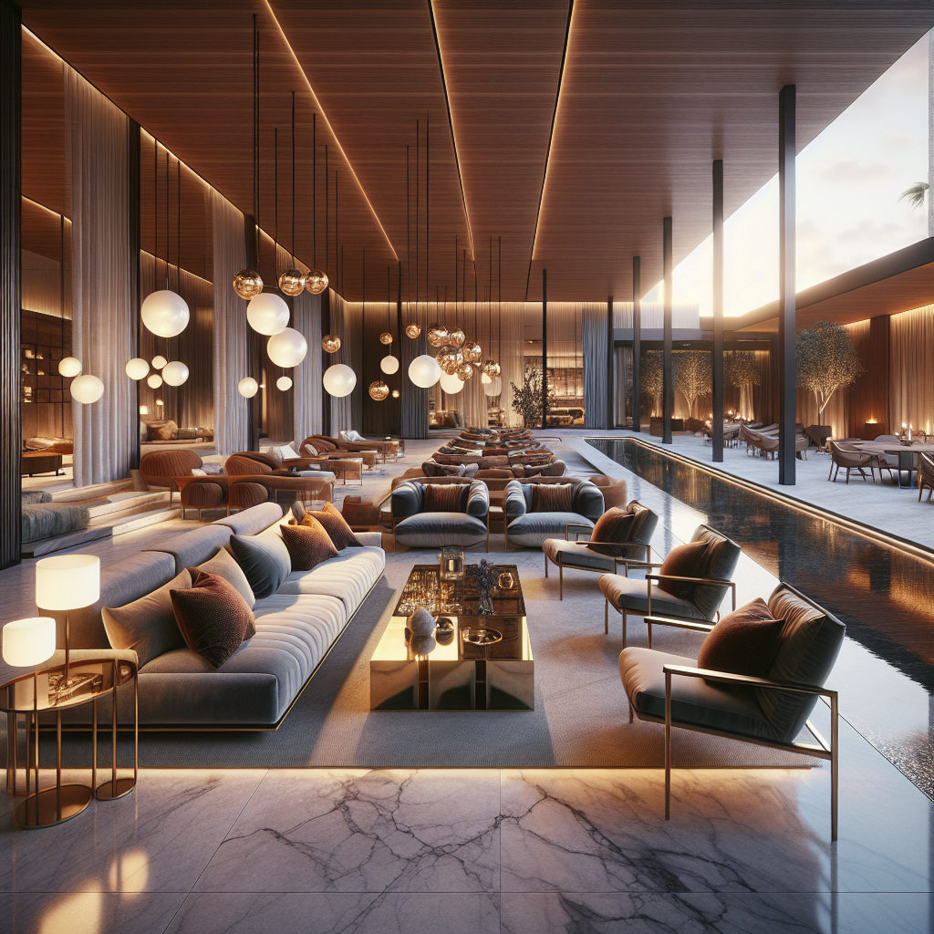 Een elegante lounge met moderne meubels en sfeervolle verlichting.