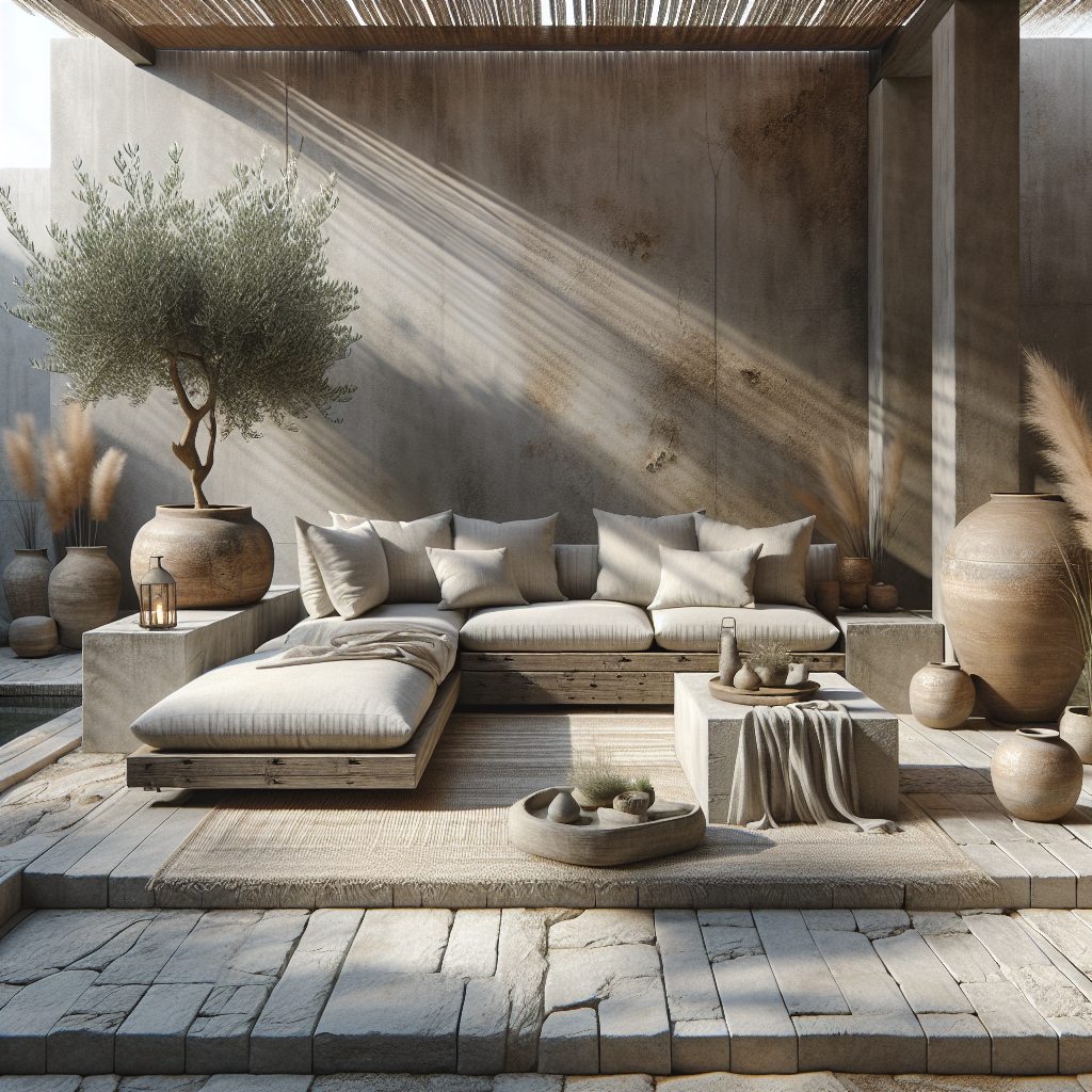 Een serene buitenruimte met een comfortabele bank en decoratieve aardewerkobjecten.