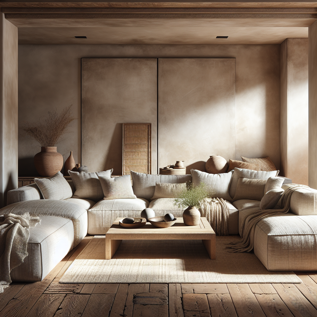 Hedendaagse woonkamer met een comfortabele bank en natuurlijk licht. Decoratieve aardewerken en textiel.