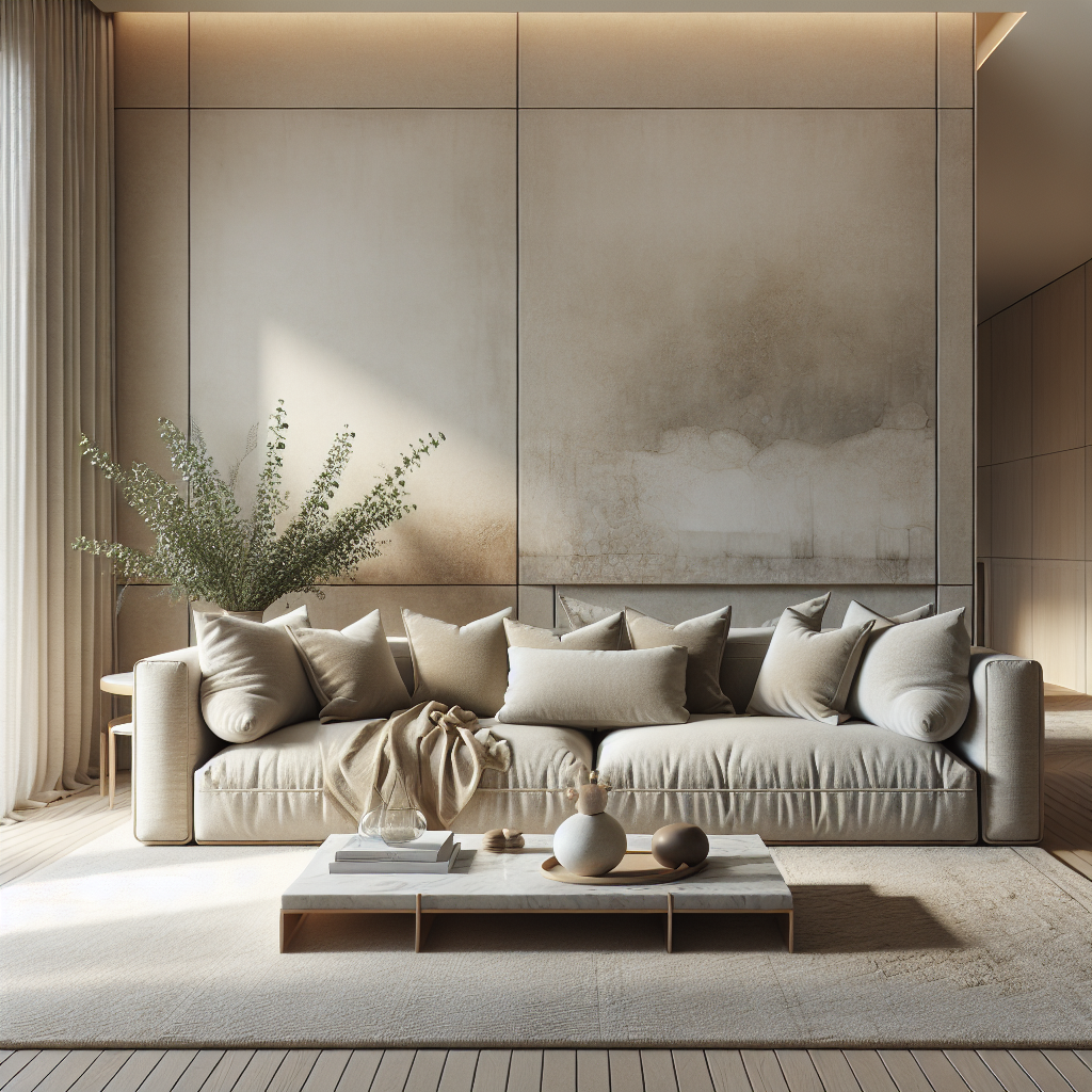Een moderne woonkamer met een lichte bank, kussens en een houten salontafel.