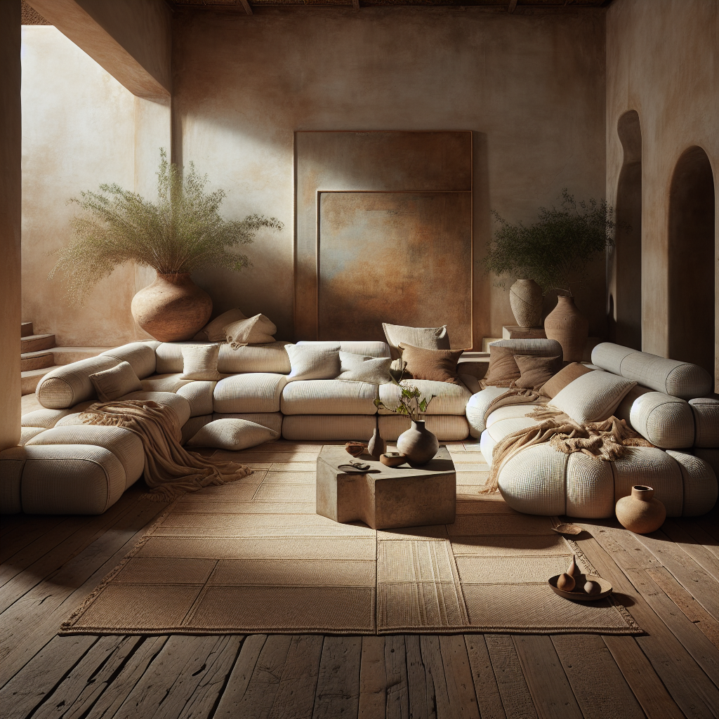 Een warm en uitnodigend interieur met een comfortabele sofa en aardewerk decor.