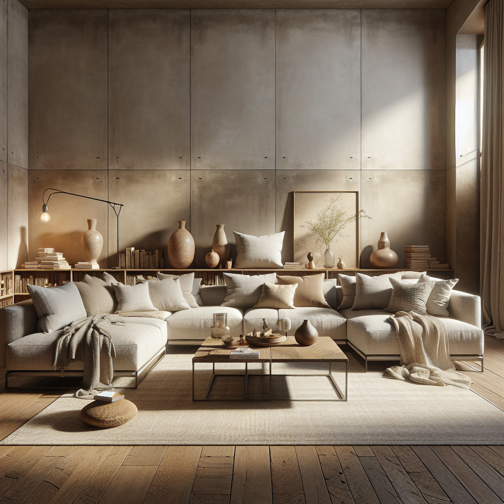 Moderne woonkamer met aardetinten, comfortabele bank en stijlvolle decoraties.