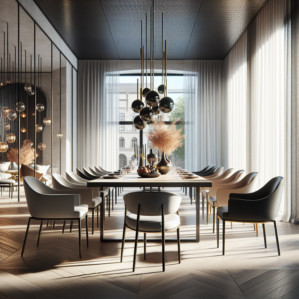 Een moderne eetkamer met stijlvolle meubels en een prachtige chandelier.