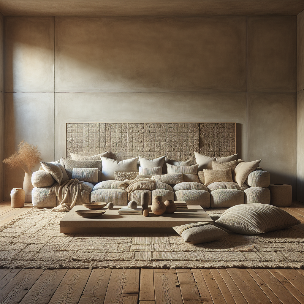 Gemütliches Wohnzimmer mit einem einladenden Sofa und natürlichen Materialien.