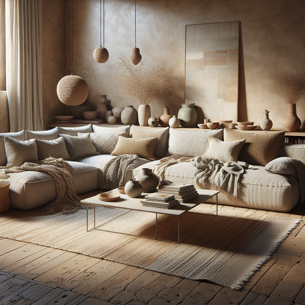 Een sfeervolle woonkamer met neutrale tinten en verschillende aardewerk en texturen.
