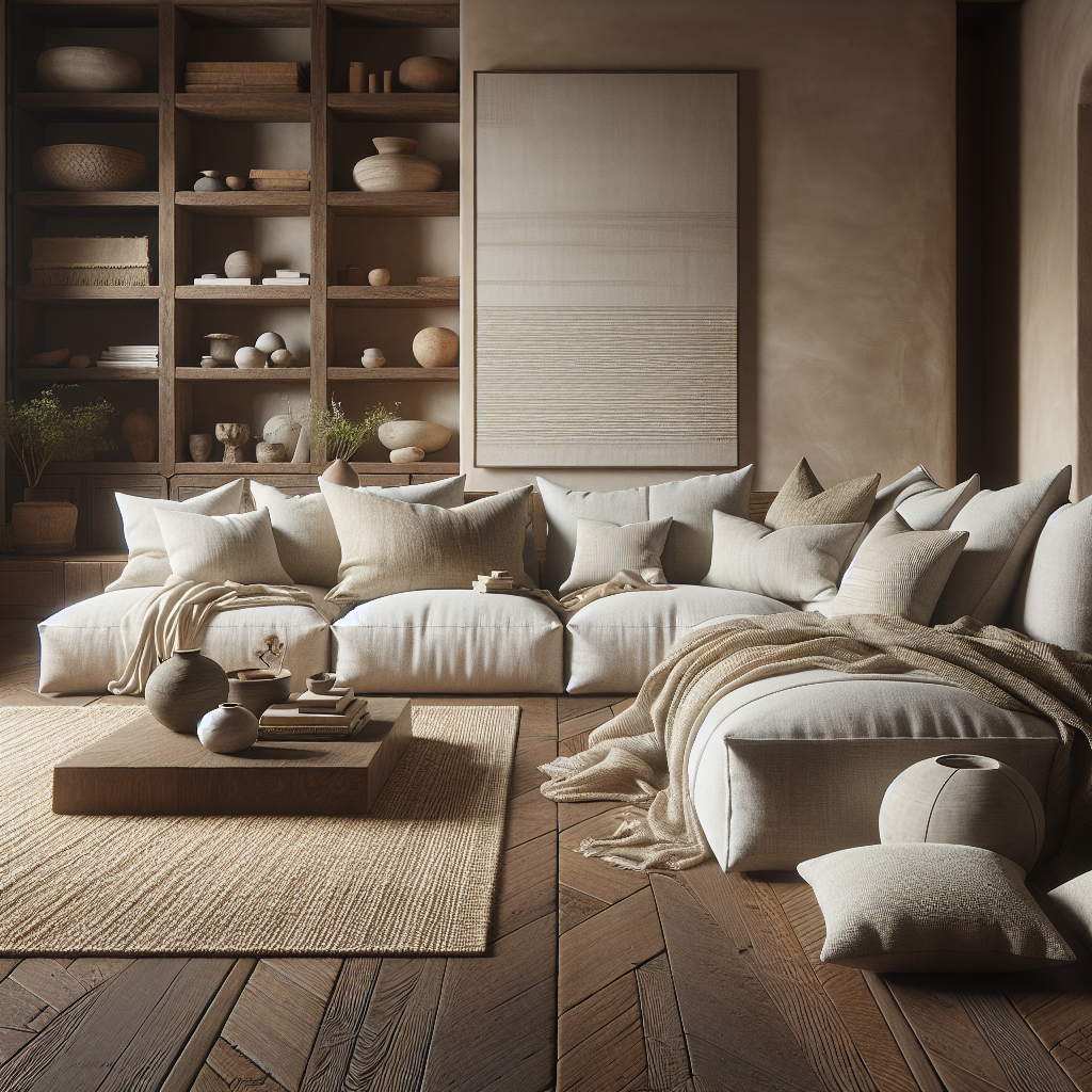 Een sfeervolle woonkamer met neutrale tinten en comfortabel meubilair.