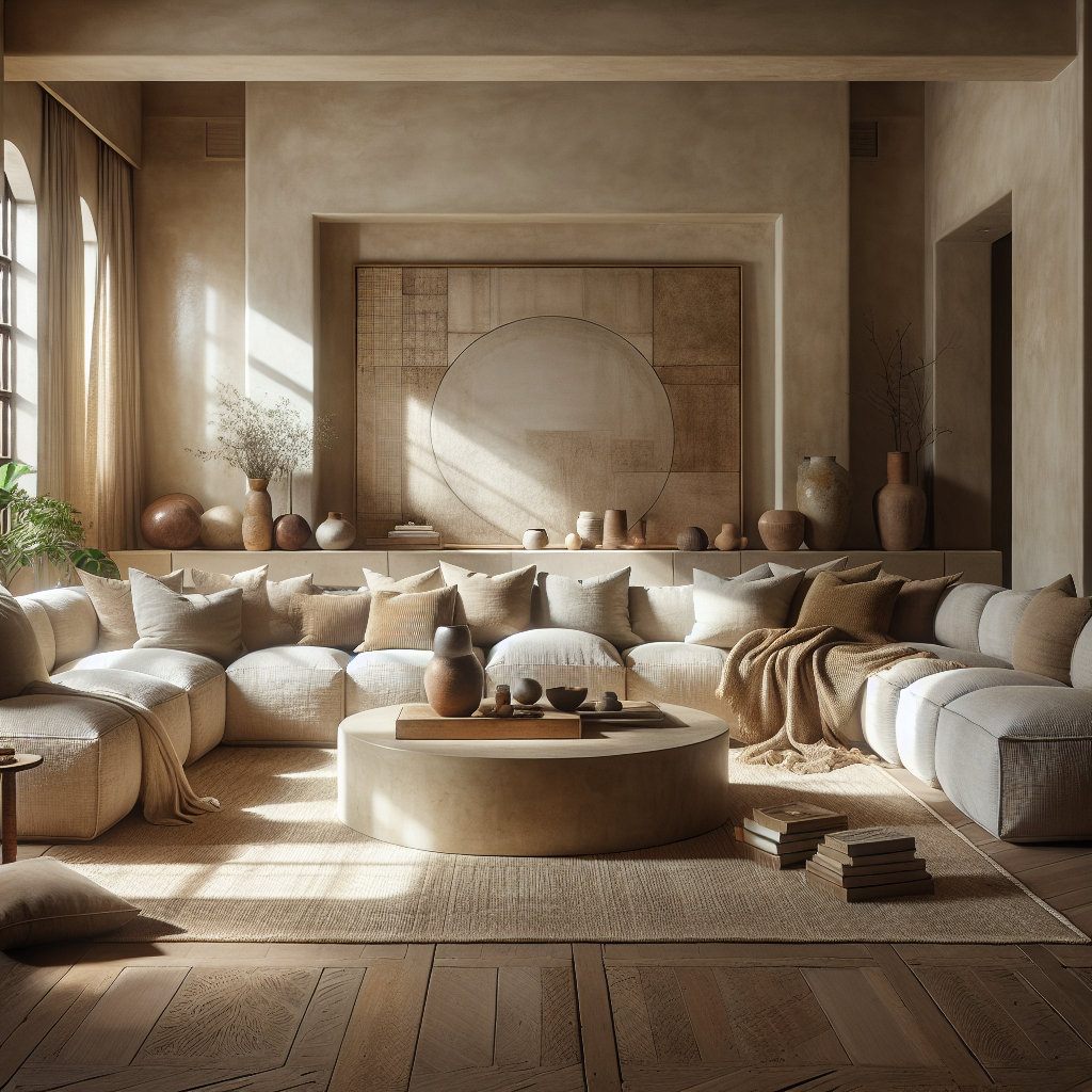 Ein helles, gemütliches Wohnzimmer mit einer großen, einladenden Couch und Wohnaccessoires.