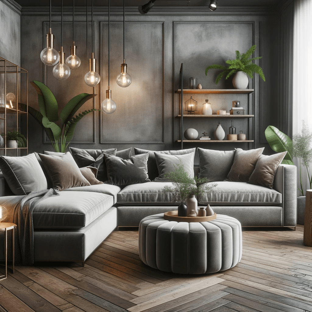 "Elegante woonkamer in industriële stijl met een grijze fluwelen hoekbank, vintage houten vloer, betonnen muren en hangende Edison-lampen, omgeven door kamerplanten, moderne boekenplanken en stijlvolle woonaccessoires."