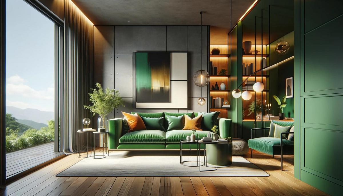 "Eigentijds interieurdesign van een woonkamer met grote panoramische ramen, groene fluwelen sofa en fauteuil, houten vloer, ingebouwde boekenkasten, designverlichting en een sereen uitzicht op beboste bergen."