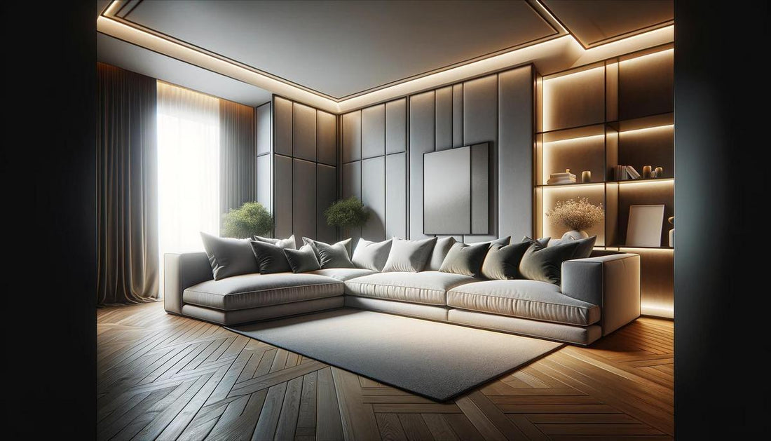 "Elegant minimalistisch interieurontwerp van woonkamer met luxe hoekbank, ingebouwde planken met sfeerverlichting, groot raam met gordijnen, en houten vloer."