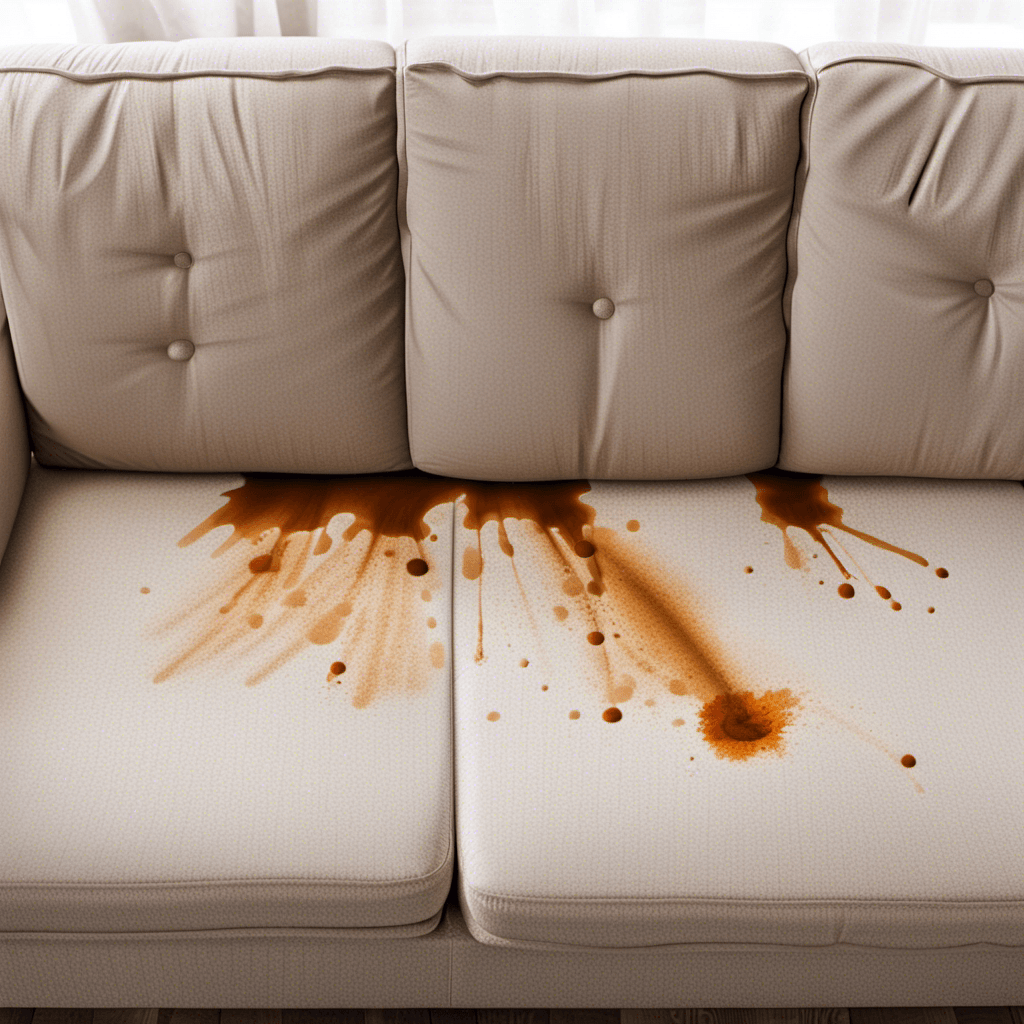 "Gemorste koffie op een beige stoffen bank met zichtbare vlekken en druppels op de zitkussens, incident in een schone woonkamer."