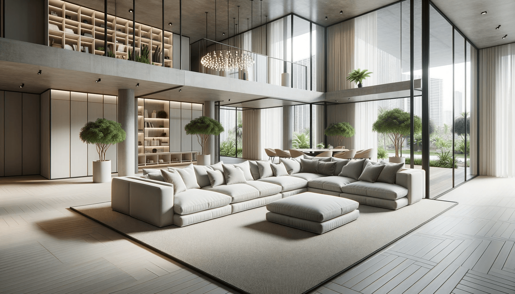 "Ruimtelijk en luxe interieur van een high-end woonkamer met grote, comfortabele lichtgrijze hoekbank, minimalistische boekenkasten, elegante kroonluchter, harmonieuze plantendecoratie en volledige hoogte ramen met uitzicht op een groene buitenomgeving"