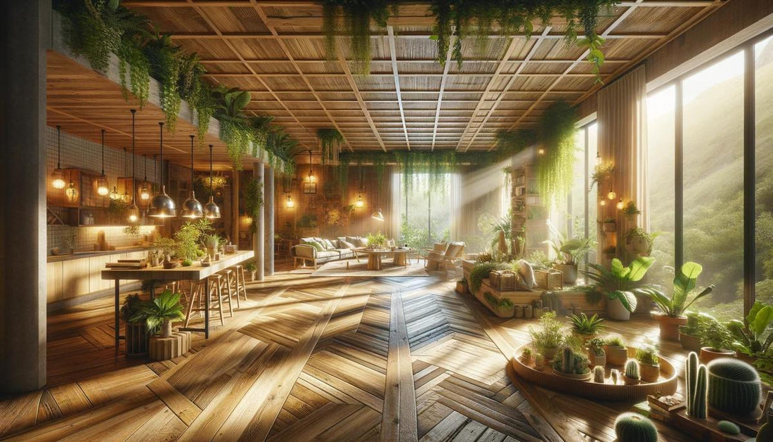 "Duurzame eco-vriendelijke interieurinrichting met veel groene planten in een lichte zonovergoten urban jungle café setting, houten meubilair en hangende tuinen, grote ramen met uitzicht op groene omgeving"